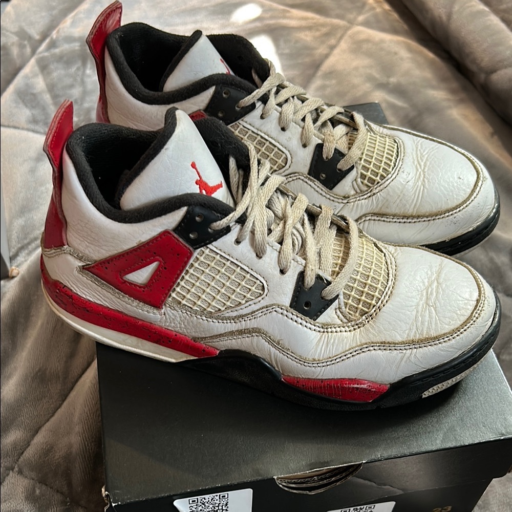 Jordan 4 Retro White and Red Sneakers 2Y
